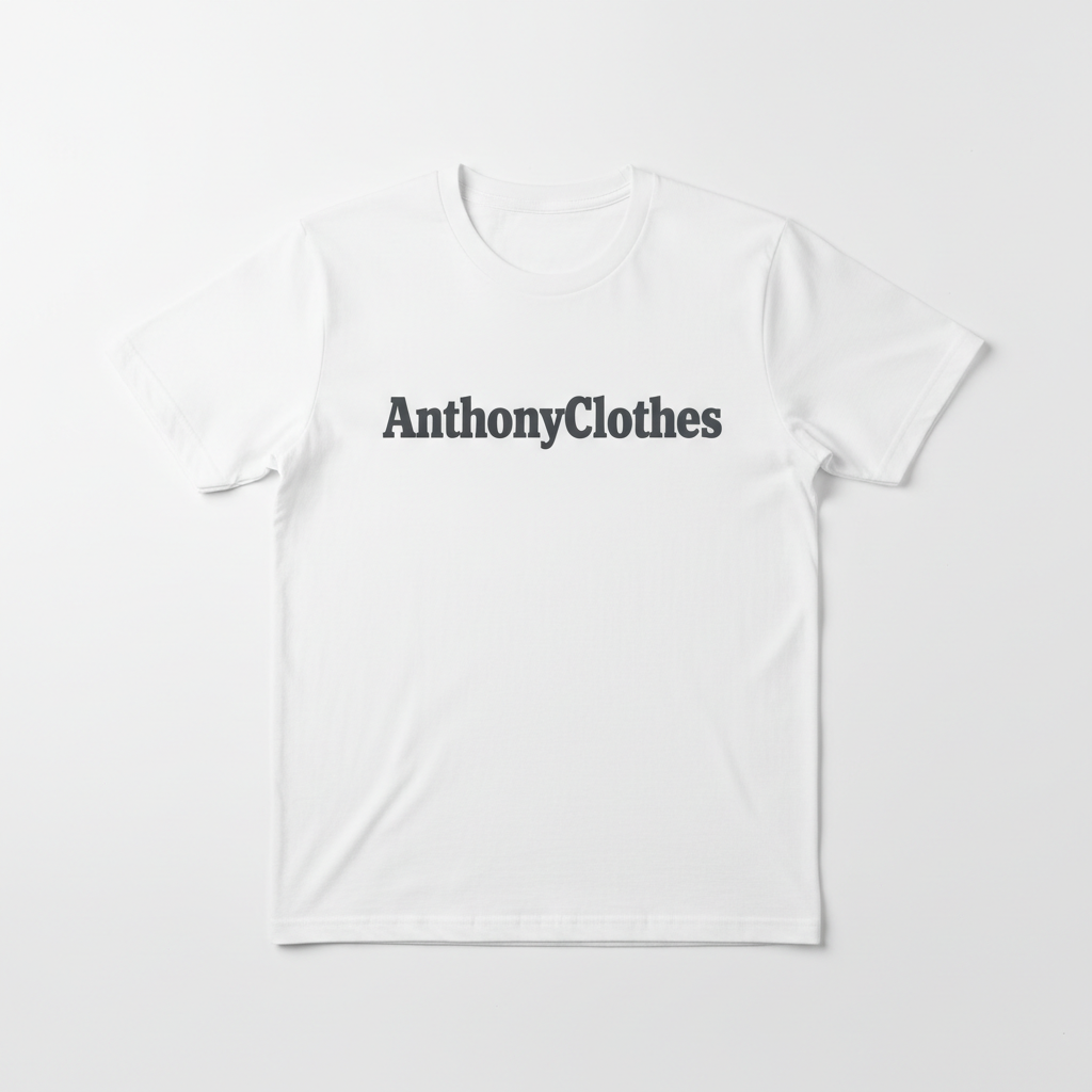 White t-shirt with AnthonyClothes brand name printed on the front