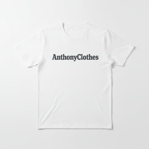 White t-shirt with AnthonyClothes brand name printed on the front